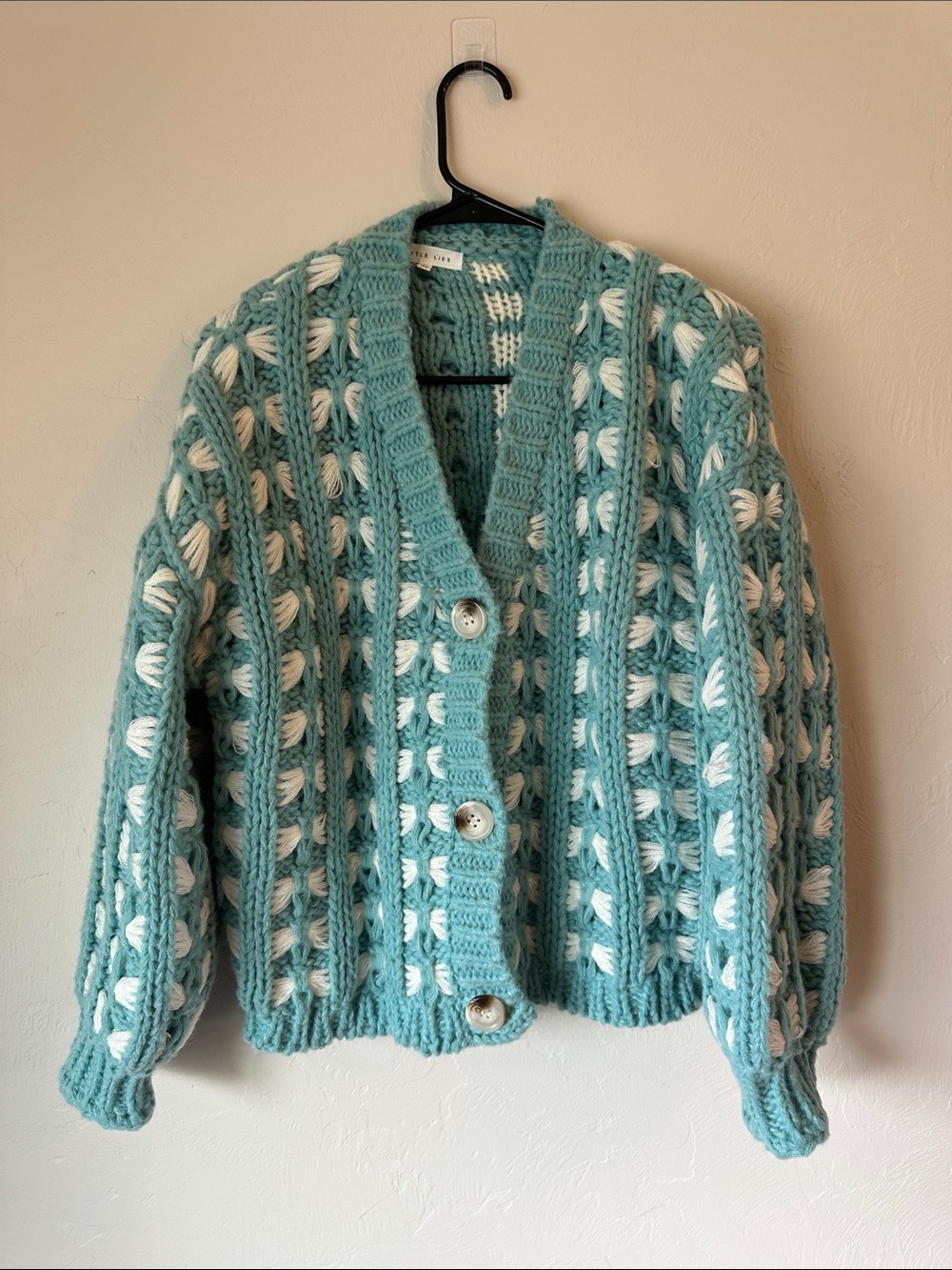 Chunky Teal and White Button-Up Knit Cardigan